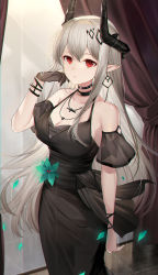 Rule 34 | 1girl, absurdres, arknights, arm at side, black choker, black dress, black gloves, bracelet, breasts, choker, cleavage, cowboy shot, curtains, detached sleeves, dress, earrings, gloves, green flower, grey hair, hair ornament, hand up, highres, horns, indoors, ion (on01e), jewelry, large breasts, looking at viewer, mudrock (arknights), necklace, official alternate costume, parted lips, petals, pointy ears, red eyes, see-through, short sleeves, single glove, solo