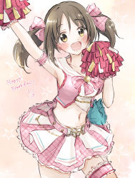 Rule 34 | 1girl, :d, armband, armpits, asymmetrical legwear, baran. (ba ra ran), blush, breasts, cheerleader, crop top, dated, frilled skirt, frills, hair ribbon, happy birthday, highres, holding, holding pom poms, idolmaster, idolmaster cinderella girls, imai kana, looking at viewer, navel, open mouth, outstretched arm, patterned background, plaid, plaid skirt, pom pom (cheerleading), pom poms, ribbon, shirt, skirt, sleeveless, sleeveless shirt, smile, solo, star (symbol), thigh strap, twintails