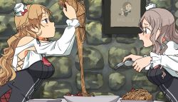 Rule 34 | 2girls, annin musou, blonde hair, blush, braid, breasts, brown eyes, brown hair, castle of cagliostro, corset, fairy (kancolle), food, fork, french braid, hat, holding, holding fork, kantai collection, long hair, long sleeves, lupin iii, medium breasts, mini hat, multiple girls, open mouth, pasta, pola (kancolle), purple eyes, shirt, wavy hair, white headwear, white shirt, zara (kancolle)