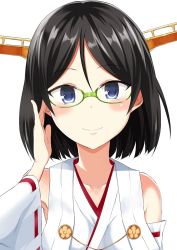 Rule 34 | 10s, 1girl, adjusting eyewear, bare shoulders, black hair, blue eyes, collarbone, commentary request, detached sleeves, glasses, green-framed eyewear, headgear, japanese clothes, kantai collection, kirishima (kancolle), kirishima kai ni (kancolle), looking at viewer, nontraditional miko, shiny skin, short hair, simple background, smile, solo, tatsuno, tatsuno (saya-tatsuno), white background