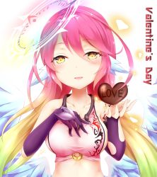 Rule 34 | 1girl, angel wings, bad id, bad pixiv id, blush, breasts, candy, chocolate, chocolate heart, spiked halo, crop top, cross, elbow gloves, feathered wings, food, gloves, gradient hair, halo, hand on own chest, heart, highres, ikasoke (likerm6au), jibril (no game no life), large breasts, long hair, low wings, magic circle, midriff, multicolored hair, no game no life, open mouth, pink hair, sideboob, smile, solo, source request, symbol-shaped pupils, tattoo, valentine, very long hair, white wings, wing ears, wings, yellow eyes