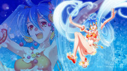 Rule 34 | ahoge, arms up, bikini, blue hair, earrings, food, food-themed clothes, food as clothes, fruit, hatsune miku, highres, jewelry, legs, long hair, navel, necklace, open mouth, orange (fruit), sandals, solo, swimsuit, twintails, very long hair, vocaloid, yamanaka kotetsu, zoom layer