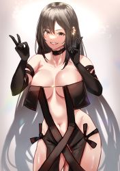 Rule 34 | 1girl, absurdres, arm strap, bare shoulders, black dress, black gloves, black hair, blush, breasts, brown eyes, center opening, choker, cleavage, collarbone, double v, dress, earrings, elbow gloves, fate/grand order, fate (series), glint, gloves, grin, highres, jewelry, large breasts, long hair, multiple earrings, navel, ribbon-trimmed dress, shibao aoyama, smile, solo, v, very long hair, yu mei-ren (fate)