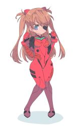 Rule 34 | 1girl, blue eyes, bodysuit, breasts, brown hair, chibi, clenched hands, closed mouth, curvy, evangelion: 3.0 you can (not) redo, eyepatch, full body, gloves, hair between eyes, interface headset, long hair, looking at viewer, neon genesis evangelion, plugsuit, rebuild of evangelion, red bodysuit, shimazaki1152, simple background, small breasts, solo, souryuu asuka langley, twintails, two side up, very long hair, white background, wide hips