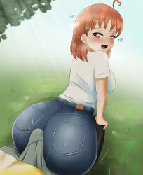 Rule 34 | 2girls, absurdres, ahoge, ass, blush, bulge, buttjob, buttjob over clothes, danzfloor, denim, erection, erection under clothes, futa with female, futanari, grass, heart, highres, huge ass, jeans, large penis, love live!, love live! school idol project, multiple girls, orange hair, pants, penis, red eyes, shirt, smile, takami chika, tight clothes, tight pants, tree, watanabe you, white shirt