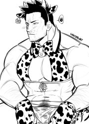 Rule 34 | 1boy, alternate costume, animal ears, animal print, arm hair, bara, bell, blush, boku no hero academia, bow, bowtie, bra, chinese zodiac, cow boy, cow ears, cow horns, cow print, cowboy shot, crossdressing, endeavor (boku no hero academia), facial hair, fake animal ears, gloves, greyscale, hanta96, happy new year, highres, horns, large pectorals, looking to the side, male focus, mature male, monochrome, muscular, muscular male, neck bell, new year, panties, pectoral cleavage, pectorals, print bra, print gloves, print panties, scar, scar across eye, scar on face, short hair, sideburns, solo, spiked hair, stubble, underwear, year of the ox