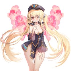 Rule 34 | 1girl, absurdres, bare shoulders, black dress, black hat, blonde hair, breasts, cleavage, closed mouth, commission, covered navel, detached collar, detached sleeves, dress, dungeon and fighter, finger to mouth, floating hair, gold trim, hand on own thigh, hat, highres, huge filesize, hyoin, long hair, long sleeves, looking at viewer, mage (dungeon and fighter), medium breasts, no panties, one eye closed, peaked cap, pelvic curtain, red eyes, revealing clothes, shushing, smile, solo, strapless, strapless dress, thighs, twintails, very long hair