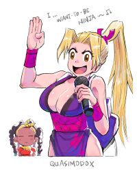 2girls artist_name breasts cleavage cowboy_shot english_text fatal_fury highres holding holding_microphone japanese_clothes kimberly_jackson large_breasts microphone multiple_girls music ninja official_alternate_color official_alternate_hair_color pelvic_curtain quasimodox revealing_clothes shiranui_mai simple_background singing street_fighter street_fighter_6 trait_connection white_background