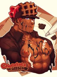 Rule 34 | 1boy, :q, abs, bara, bare pectorals, between pectorals, blouse, brown shirt, chocolate, chocolate on body, chocolate on face, chocolate on pectorals, cropped torso, dark-skinned male, dark skin, facial hair, facial scar, flee ad, food, food on body, food on face, goatee, highres, looking at viewer, male focus, muscular, muscular male, nipples, open clothes, open shirt, original, pectorals, red hair, scar, scar on cheek, scar on face, shirt, short hair, sideburns, solo, stomach, tongue, tongue out, very dark skin, waffle, whipped cream