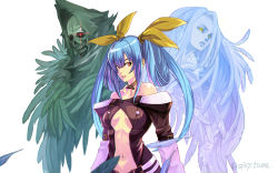 Rule 34 | 1girl, absurdres, angel wings, artist name, asymmetrical wings, bare shoulders, belt, blue hair, breasts, center opening, collarbone, dizzy (guilty gear), feathers, glowing, glowing eye, guilty gear, guilty gear x, guilty gear xx, hair ribbon, highres, large breasts, long hair, long sleeves, looking at viewer, looking to the side, low twintails, midriff, navel, necro (guilty gear), parted lips, red eyes, ribbon, solo, standing, stomach, tsuna (akmu8832), twintails, undine (guilty gear), white background, wings, yellow eyes, yellow ribbon