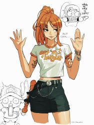 Rule 34 | ..., 1girl, absurdres, artist name, belt, belt buckle, bracelet, breasts, brown eyes, buckle, commentary, cowboy shot, edpan, english commentary, english text, highres, jewelry, lips, miniskirt, multiple rings, nami (one piece), one piece, orange hair, ponytail, ring, short sleeves, simple background, skirt, sweat, tattoo, tony tony chopper, watermark, white background