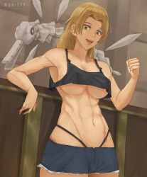 Rule 34 | 1girl, absurdres, artist name, blue shorts, breasts, cleavage, clenched hand, crop top, hair intakes, highres, indoors, jujutsu kaisen, light brown hair, looking at viewer, mchiefy, medium breasts, midriff, navel, open mouth, parted bangs, short shorts, shorts, solo, standing, toned, tsukumo yuki (jujutsu kaisen), underboob, yellow eyes