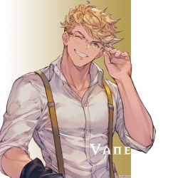 Rule 34 | &gt; o, 1boy, adjusting eyewear, black jacket, blonde hair, buttons, collared shirt, glasses, granblue fantasy, green eyes, highres, holding, holding clothes, holding jacket, jacket, unworn jacket, male focus, minaba hideo, official alternate costume, official art, one eye closed, shirt, short hair, sleeves rolled up, smile, solo, suspenders, teeth, undercut, vane (granblue fantasy), white shirt