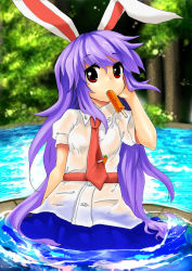 Rule 34 | 1girl, animal ears, bad id, bad pixiv id, female focus, food, highres, long hair, mosho, mouth hold, necktie, popsicle, purple hair, rabbit ears, red eyes, red necktie, reisen udongein inaba, solo, touhou