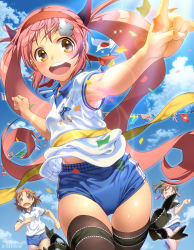Rule 34 | &gt; &lt;, 3girls, :d, armpit peek, armpits, bad id, bad pixiv id, brown hair, buruma, clenched hand, clenched hands, closed eyes, cloud, confetti, d:, day, finish line, flag, flags of all nations, foreshortening, gym uniform, hair ribbon, highres, leg ribbon, lens flare, long hair, multiple girls, open mouth, original, outdoors, pairan, pink hair, ponytail, purple hair, ribbon, running, short sleeves, sky, smile, sparkle, string of flags, thigh gap, thigh ribbon, thighhighs, twintails, union jack, yellow eyes