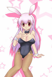 Rule 34 | 1girl, animal ears, arm support, bare shoulders, blush, bow, bowtie, breasts, rabbit ears, playboy bunny, cleavage, female focus, fishnet pantyhose, fishnets, hand on another&#039;s chest, large breasts, long hair, pantyhose, purple hair, red eyes, reisen udongein inaba, sitting, smile, solo, star (symbol), starry background, taisa midoriiro, touhou, wrist cuffs