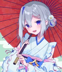 1girl :d amane_kanata amane_kanata_(new_year) asymmetrical_bangs asymmetrical_hair blue_eyes blue_hair blue_kimono braid colored_inner_hair detached_sleeves egasumi flower frilled_sleeves frills gradient_eyes hair_bun hair_flower hair_intakes hair_ornament hair_over_one_eye hairclip highres hikap holding holding_umbrella hololive japanese_clothes kimono light_blush multicolored_eyes multicolored_hair obi obiage official_alternate_costume oil-paper_umbrella open_mouth pink_hair purple_eyes sash short_hair side_braid side_bun silver_hair single_side_bun sleeveless sleeveless_kimono smile solo streaked_hair teeth umbrella upper_body upper_teeth_only virtual_youtuber x_hair_ornament