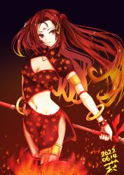 Rule 34 | 1girl, absurdres, armlet, boots, bracelet, brown eyes, brown hair, cleavage cutout, clothing cutout, dated, facial mark, fate/grand order, fate (series), fire, fishnet legwear, fishnets, forehead mark, hand on own hip, highres, holding, holding polearm, holding weapon, jewelry, long hair, navel, nezha (fate), polearm, side cutout, signature, spear, spiked bracelet, spikes, thigh boots, thighlet, tsukaasa, twintails, weapon