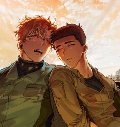 Rule 34 | 2boys, ao isami, black hair, blonde hair, blue jumpsuit, closed eyes, drooling, facial hair, green jumpsuit, highres, jumpsuit, kkengmii, leaning on person, lewis smith, light blush, male focus, multiple boys, open mouth, orange sky, parted lips, short hair, sideburns stubble, sky, stubble, upper body, yuuki bakuhatsu bang bravern