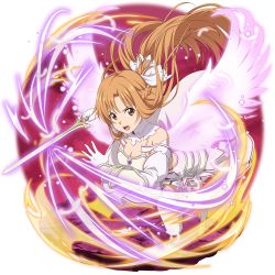 Rule 34 | 1girl, armor, armored dress, asuna (stacia), braid, breastplate, breasts, brown eyes, brown hair, cleavage, detached collar, detached sleeves, dress, falling feathers, faulds, feathered wings, feathers, floating hair, french braid, full body, gloves, highres, holding, holding sword, holding weapon, long hair, long sleeves, medium breasts, official art, open mouth, short dress, solo, sword, sword art online, sword art online: code register, thighhighs, transparent background, very long hair, weapon, white armor, white dress, white feathers, white gloves, white sleeves, white thighhighs, white wings, wings