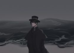 Rule 34 | 1boy, absurdres, beach, black eyes, black hair, black hat, chinese commentary, cloud, cloudy sky, commentary request, dark, empty eyes, fog, hat, highres, huaisi945, klein moretti, lips, looking at viewer, lord of the mysteries, night, night sky, ocean, sand, shaded face, shadow, sky, solo, top hat, waves