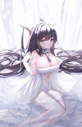 Rule 34 | 1girl, absurdly long hair, absurdres, azur lane, black hair, breasts, cleavage, detached collar, dress, flower, foot out of frame, from above, green eyes, hair flower, hair on horn, hair ornament, high heels, highres, indomitable (azur lane), large breasts, legs, long hair, looking at viewer, shoes, solo, strapless, strapless dress, usagi (786113654), very long hair, white flower, white footwear