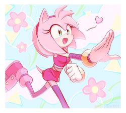Rule 34 | 1girl, :d, ameusute1002, amy rose, bandages, bracelet, flower, furry, furry female, gloves, green eyes, hairband, heart, jewelry, open mouth, red hairband, running, smile, solo, sonic (series), sonic boom (series), tail, white gloves