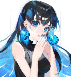 Rule 34 | 1girl, bare shoulders, black hair, black shirt, blue eyes, blue gemstone, blue hair, blue nails, breasts, closed mouth, colored inner hair, commentary, earrings, eyebrows hidden by hair, eyelashes, fingernails, fingers together, gem, glint, hair between eyes, hands up, highres, jewelry, lips, long hair, looking at viewer, medium breasts, mizumi zumi, multicolored hair, multicolored nails, nail polish, original, refraction, shirt, sleeveless, sleeveless shirt, solo, sparkle, sparkling eyes, symbol-only commentary, turtleneck, upper body, white background