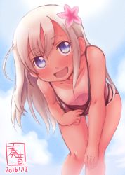 Rule 34 | 10s, 1girl, 2016, :d, ahoge, bent over, blue eyes, blue sky, blush, breasts, clothes pull, cloud, collarbone, cowboy shot, dated, day, downblouse, flower, hair flower, hair ornament, highres, kanon (kurogane knights), kantai collection, knees together feet apart, leaning forward, looking at viewer, no bra, one-piece swimsuit pull, one-piece tan, open mouth, outdoors, ro-500 (kancolle), school swimsuit, sky, small breasts, smile, solo, standing, swimsuit, tan, tanline