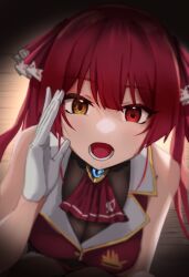 Rule 34 | 1girl, ascot, blurry, cleavage, gloves, heterochromia, highres, hololive, houshou marine, kinoshita niko, open mouth, red ascot, red eyes, red hair, see-through, see-through cleavage, solo, twintails, upper body, vignetting, virtual youtuber, white gloves, yellow eyes
