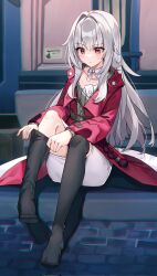 Rule 34 | 1girl, black socks, clara (honkai: star rail), closed mouth, commentary, dress, highres, honkai: star rail, honkai (series), indonesian commentary, jacket, kneehighs, long hair, long sleeves, looking down, open clothes, open jacket, outdoors, putting on legwear, red eyes, red jacket, shiroi ou, sitting, socks, solo, thighhighs, thighhighs pull, white dress, white hair