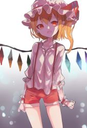 Rule 34 | 1girl, alternate costume, bad id, bad twitter id, blonde hair, bow, chromatic aberration, crystal, fang, flandre scarlet, hat, hat bow, looking at viewer, mob cap, open mouth, pokan (xz1128), red eyes, red shorts, shirt, short hair, shorts, side ponytail, solo, standing, suspender shorts, suspenders, touhou, white shirt, wings, wrist cuffs