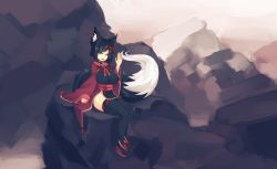 Rule 34 | 1girl, animal ear fluff, animal ears, black hair, blue eyes, breasts, fang, fox ears, fox tail, highres, japanese clothes, kiri (sub-res), large breasts, looking at viewer, notched ear, one eye closed, open mouth, original, rock, sandals, sitting, sitting on rock, solo, sub-res, tail, thighhighs