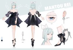 Rule 34 | 1girl, ankle bow, ankle ribbon, black bow, black dress, blue eyes, blue hair, bow, breasts, character name, character sheet, choker, cleavage, clenched hand, commentary, detached sleeves, dress, earrings, english commentary, eon / ieon, hair ribbon, high heels, highres, indie virtual youtuber, jewelry, leg ribbon, mantou rei, medium breasts, mole, mole above eye, mole under eye, multiple views, official art, open hand, parted lips, ribbon, second-party source, smile, virtual youtuber, white choker, white ribbon