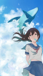 Rule 34 | 1girl, absurdres, arms behind back, blue sailor collar, blue skirt, blue sky, brown hair, cloud, cloudy sky, cowboy shot, earbuds, earphones, food, green eyes, highres, humpback whale, looking to the side, midriff peek, mouth hold, navel, neckerchief, ogurin8392, original, outdoors, paper, pleated skirt, popsicle, red neckerchief, sailor collar, school uniform, serafuku, shirt, short sleeves, sidelocks, skirt, sky, solo, water, whale, white shirt