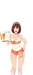 Rule 34 | 1girl, bare arms, bare shoulders, beer mug, brand name imitation, breasts, brown hair, butcha-u, cleavage, collarbone, cowboy shot, cup, drinking glass, eyelashes, closed eyes, female pubic hair, game cg, hair between eyes, hairband, hand on own hip, hand up, holding, holding cup, holding drinking glass, hooters, kenzen! hentai seikatsu no susume, kneehighs, large breasts, legs apart, looking at viewer, maezono chinami, mug, name tag, open mouth, orange shorts, pouch, pubic hair, pussy cutout, ribbed legwear, short hair, short shorts, shorts, sleeveless, smile, socks, solo, standing, tank top, teeth, transparent background, white socks, yellow hairband