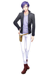 Rule 34 | 1boy, :|, arm at side, black jacket, boots, brown footwear, closed mouth, collarbone, comb, full body, hand on own hip, highres, itsuki jun, jacket, jewelry, lavender shirt, looking at viewer, male focus, necklace, official art, pants, pendant, plusmate, purple eyes, purple hair, purple shirt, scissors, shirt, simple background, solo, standing, tachi-e, tool belt, white background, white pants