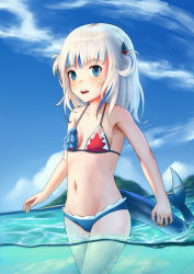 Rule 34 | 1girl, armpits, artist request, bare shoulders, bikini, blue bikini, blue eyes, blue hair, blunt bangs, blush, breasts, cloud, collarbone, commentary, cowboy shot, fins, fish tail, frilled bikini, frilled swimsuit, frills, gawr gura, hair ornament, highres, hololive, hololive english, looking at viewer, medium hair, midriff, multicolored bikini, multicolored clothes, multicolored hair, multicolored swimsuit, navel, open mouth, outdoors, parted lips, partially submerged, partially underwater shot, raedrobart, shark girl, shark hair ornament, shark tail, sharp teeth, shore, sideboob, sky, small breasts, solo, streaked hair, string bikini, string bikini top, swimsuit, tail, teeth, two side up, underwater, upper teeth only, virtual youtuber, wading, walking, white hair