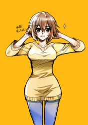 Rule 34 | 1girl, alternate costume, blush, breasts, brown eyes, brown hair, casual, character name, denim, hair between eyes, hands in own hair, kagesaki yuna, kantai collection, looking at viewer, medium breasts, mutsu (kancolle), orange background, pants, short hair, simple background, solo, sparkle, sweater, yellow sweater