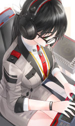 Rule 34 | 1girl, black hair, bracelet, breasts, from above, glasses, green eyes, headset, highres, jewelry, keyboard (computer), kfr, long hair, medium breasts, necktie, open mouth, original, pencil skirt, ponytail, sitting, skirt, solo, uniform
