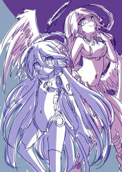 Rule 34 | 2girls, absurdres, android, angel wings, asymmetrical legwear, breasts, bridal gauntlets, closed mouth, spiked halo, crop top, cross, feathered wings, hair between eyes, halo, highres, jibril (no game no life), large breasts, long hair, low wings, magic circle, mechanical parts, midriff, mismatched legwear, multiple girls, navel, no game no life, shuvi (no game no life), sketch, smile, symbol-shaped pupils, very long hair, wing ears, wings, yuiti hinata