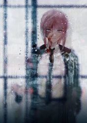 Rule 34 | 1girl, black necktie, blood, blood on clothes, blood on face, braid, braided ponytail, brown hair, business suit, chainsaw man, collared shirt, formal, highres, light smile, long hair, long jacket, looking at viewer, looking outside, makima (chainsaw man), necktie, office lady, rain, ringed eyes, shirt, shirt tucked in, smile, solo, suit, white shirt, yellow eyes, yud79317724