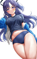 Rule 34 | 1girl, absurdres, black shirt, blue archive, blue buruma, blue jacket, blush, breasts, buruma, commentary, facial mark, gluteal fold, gym uniform, halo, highres, jacket, lds (dstwins97), long hair, looking at viewer, medium breasts, navel, official alternate costume, ponytail, purple eyes, purple hair, revision, shirt, short sleeves, simple background, solo, star (symbol), sticker on face, stomach, sweatdrop, thigh gap, thighs, track jacket, white background, yuuka (blue archive), yuuka (track) (blue archive)