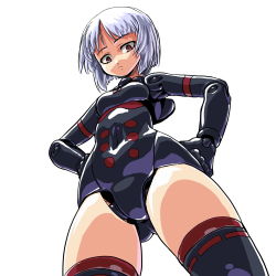 Rule 34 | 10s, 1girl, alternate color, alternate hair color, asuka (busou shinki), bad id, bad pixiv id, black thighhighs, bob cut, bow, breasts, brown eyes, busou shinki, covered navel, crotch, dd (ijigendd), doll joints, from below, gloves, hands on own hips, joints, leotard, looking at viewer, looking down, parted bangs, red eyes, ribbon-trimmed legwear, ribbon trim, short hair, simple background, small breasts, solo, thighhighs, white background, white hair