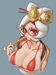 Rule 34 | 1girl, absurdres, bikini, breasts, cleavage, closed mouth, coat, collarbone, commentary request, cropped torso, dadada (hukutsu bot ), eyeshadow, eyewear on head, grey hair, hair ornament, hair stick, hand up, highres, holding, large breasts, looking at viewer, makeup, nintendo, purah, red-framed eyewear, red bikini, red eyes, red eyeshadow, round eyewear, sheikah, short eyebrows, short hair, simple background, solo, string bikini, swimsuit, the legend of zelda, the legend of zelda: tears of the kingdom, updo, upper body