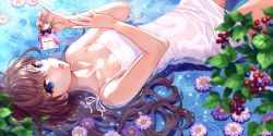 Rule 34 | 1girl, berry, blue eyes, blush, bottle, breasts, brown hair, cleavage, collarbone, covered navel, day, dress, flower, from above, ichinose shiki, idolmaster, idolmaster cinderella girls, leaf, long hair, looking at viewer, lying, medium breasts, nail polish, nishimura eri, on back, outdoors, parted lips, perfume bottle, pink flower, purple flower, sleeveless, sleeveless dress, solo, sunlight, tank top, water, wet, wet clothes, wet dress, white dress, white flower