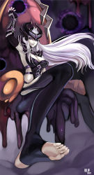 Rule 34 | 1girl, breasts, cleavage, dr.wolf, feet, fingerless gloves, foot focus, gloves, hair ornament, league of legends, long hair, looking at viewer, pov, purple eyes, silver hair, sitting, soles, syndra, toeless legwear, toes