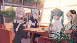 Rule 34 | 4girls, :t, ahoge, aqua hair, black dress, black hair, blonde hair, blouse, blue eyes, bookshelf, braid, cake, character request, choker, closed mouth, couch, cup, dress, drooling, evening, flower (vocaloid), flower (vocaloid4), food, hair between eyes, hair ornament, hand up, hatsune miku, highres, holding, holding cup, hood, hoodie, ia (vocaloid), indoors, looking at viewer, looking back, mimengfeixue, multicolored hair, multiple girls, off-shoulder dress, off shoulder, on couch, open mouth, parted lips, plant, saliva, saucer, shirt, short hair, short sleeves, shorts, sitting, sleeveless, sleeveless hoodie, streaked hair, stuffed animal, stuffed rabbit, stuffed toy, table, teacup, twintails, vocaloid, wavy hair, white hair, white shirt, window, yellow eyes