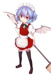 Rule 34 | 1girl, alternate costume, apron, bat wings, black thighhighs, blue hair, broom, enmaided, female focus, hand on own hip, kaiza (rider000), maid, maid apron, maid headdress, red eyes, remilia scarlet, short hair, simple background, solo, thighhighs, touhou, waist apron, wings