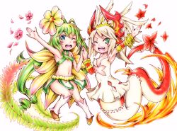 Rule 34 | alraune (p&amp;d), blonde hair, breasts, chibi, dress, echidna (p&amp;d), green eyes, green hair, highres, lamia, long hair, midriff, monster girl, one eye closed, plant girl, puzzle &amp; dragons, revealing clothes, small breasts, smile, underboob, white dress